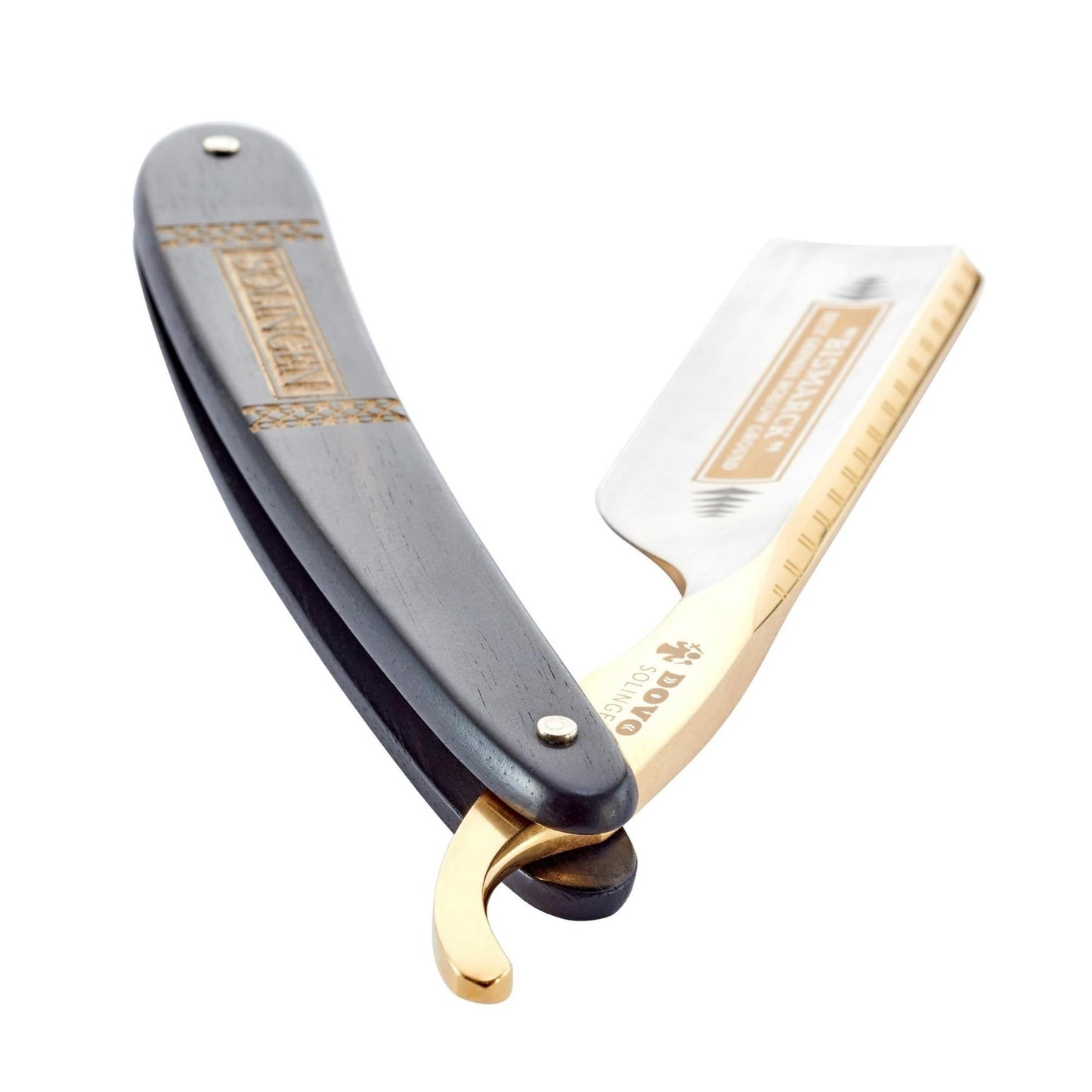 Dovo Straight Razor, "Bismarck" 6/8", Carbon Steel, Full Hollow Grind, Ebony Black Handle with Gold Color