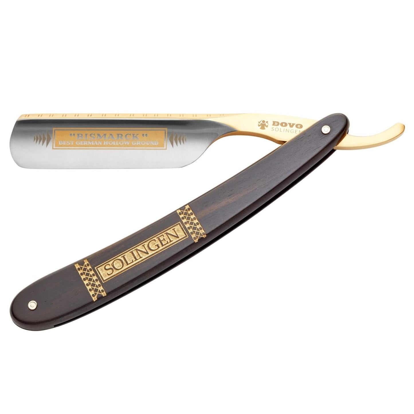 Dovo Straight Razor, "Bismarck" 6/8", Carbon Steel, Full Hollow Grind, Ebony Black Handle with Gold Color