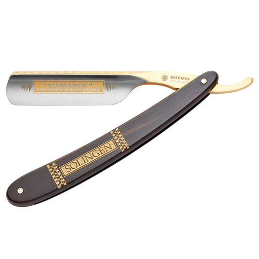 Dovo Straight Razor, "Bismarck" 6/8", Carbon Steel, Full Hollow Grind, Ebony Black Handle with Gold Color